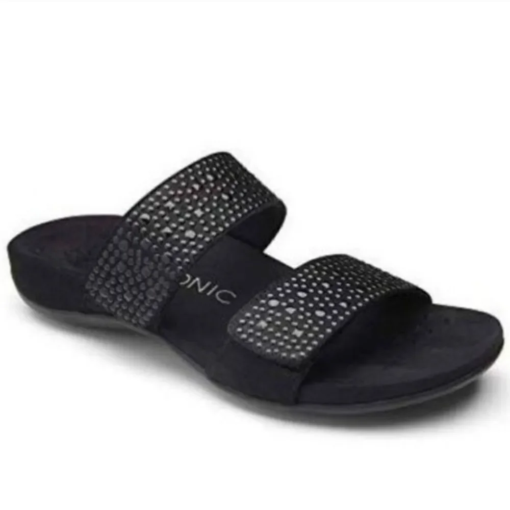 Vionic Rest Samoa Embellished Studded Black Suede Leather Double‎ Strap Sandals